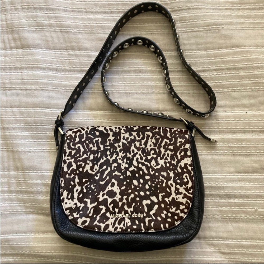 Michal Kors Black Genuine Cowhide Leather Studded Crossbody Purse